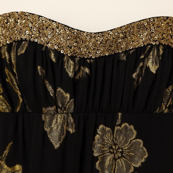 Cache Strapless Cocktail Dress Womens 4 Black Gold Floral Brocade Sequin Silk Pa - Picture 12 of 12
